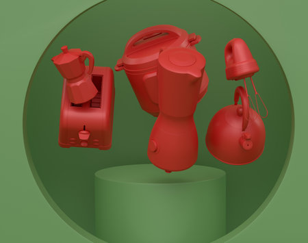 Abstract scene or podium with kitchen appliances and utensils on monochrome background. 3d render of scene for product presentation or showing product on stage, pedestal or platformの写真素材