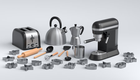 Mixer and metal bowl with kitchen utensil for preparation of dough on white background. 3d render cooking process step by step and accessories for cooking, blending and mixingの写真素材
