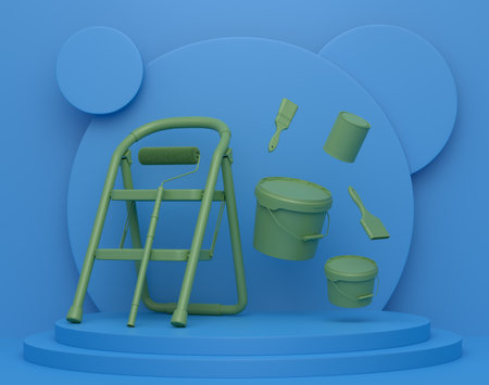 Abstract scene or podium with folding ladder, bucket and paint rollers on monochrome background. 3d render of scene for product presentation carpenter tool for repair on stage, pedestal or platformの写真素材