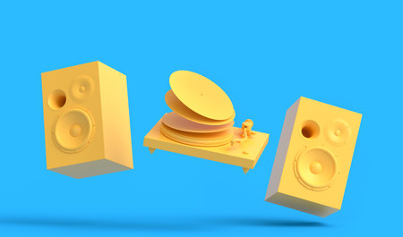 Set of Hi-fi speakers with loudspeakers and DJ turntable on monochrome background. 3d render audio...