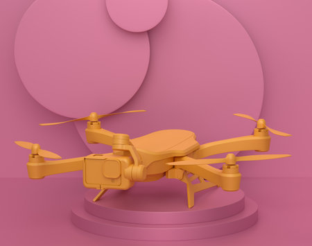 Abstract scene or podium with drone or quad copter with action camera on monochrome background. 3d render of scene for product presentation personal accessories product on stage, pedestal or platformの写真素材