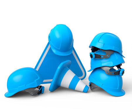 Set of safety helmets or hard hats and traffic cones, road sign for under construction road work on white background. 3d render carpentry tools for industrial worker and handymanの写真素材
