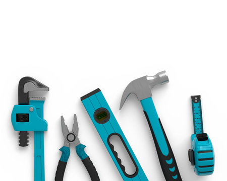 Top view of green construction tools for repair and installation on white background. 3d render and illustration of service banner for house plumber or repairmanの写真素材
