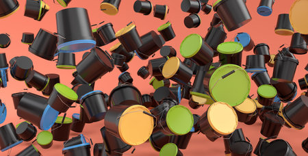 Many of flying plastic cans or buckets on orange background. 3d render of renovation apartment...