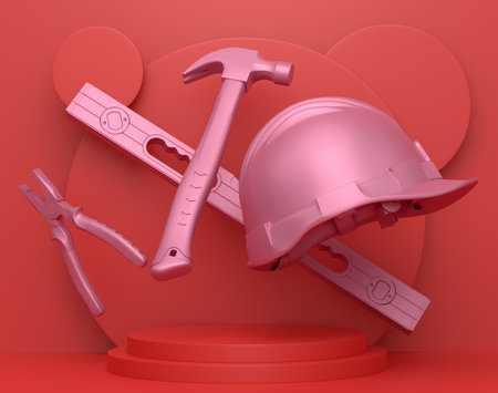 Abstract scene or podium with carpenters tools on monochrome background. 3d render of scene for product presentation carpenter tool for repair and building on stage, pedestal or platformの写真素材