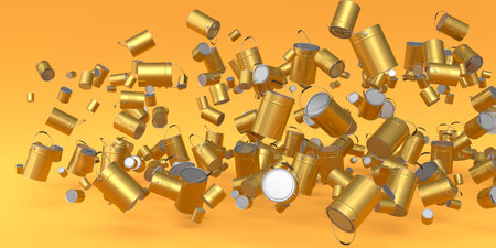 Many of flying metal cans or buckets on yellow background. 3d render of renovation apartment concept and interior designの写真素材