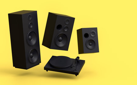 Set of Hi-fi speakers with loudspeakers and DJ turntable on monochrome background. 3d render audio equipment like boombox and vinyl record player for sound recording studioの写真素材