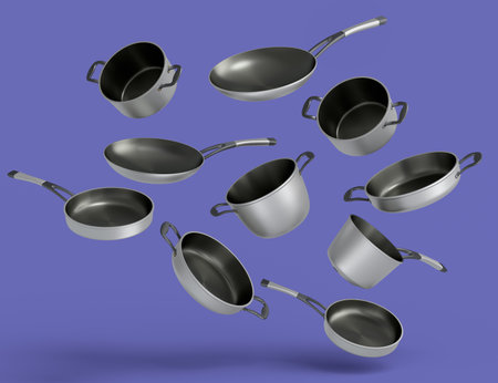 Set of flying stainless steel stewpot, frying pan and chrome plated aluminum cookware on violet background. 3d render of non-stick kitchen utensilsの写真素材