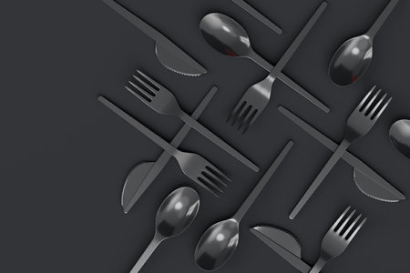 Set of disposable utensils like spoon, fork and knife on monochrome background. 3d render concept of save the earth and zero wasteの写真素材