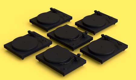 Set of vinyl record player or DJ turntable with retro vinyl disk on monochrome background. 3d render...