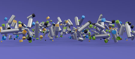 Lots of flying spray paint cans on violet background. 3d render spray paint bottle and dispenser Can...