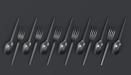 Set of disposable utensils like spoon, fork and knife on monochrome background. 3d render concept of...