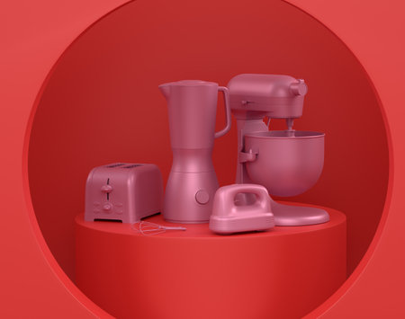 Abstract scene or podium with kitchen appliances and utensils on monochrome.の写真素材