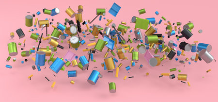 Many of flying metal cans or buckets with paint roller, brush on pink background. 3d render of renovation apartment concept and interior designの写真素材