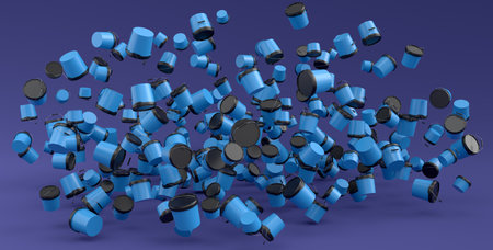 Many of flying plastic cans or buckets on violet background. 3d render of renovation apartment concept and interior designの写真素材