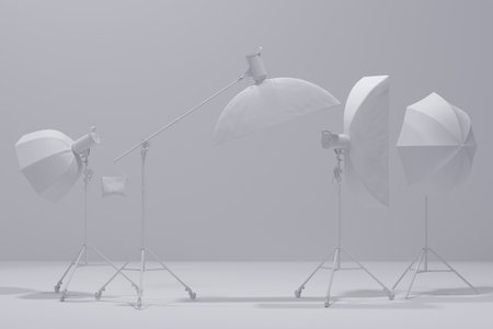 Photography studio flash on a lighting stand isolated on monochrome background with curtain. 3D rendering and illustration of professional equipment like monobloc or monolightの写真素材