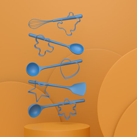 Abstract scene or podium with kitchen utensil on monochrome background. 3d render of scene for product presentation or showing product on stage, pedestal or platformの写真素材