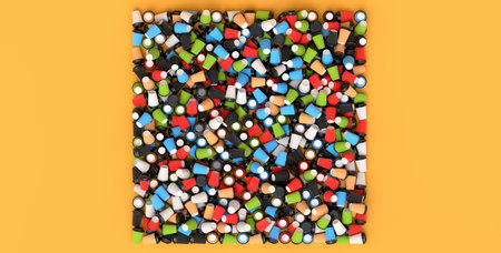 Pile of paper coffee cups for cappuccino, americano, espresso, mocha, latte, cocoa on orange...