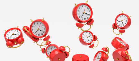 Many of flying alarm clock on white background. 3d render concept of wake up time morning and hurry...