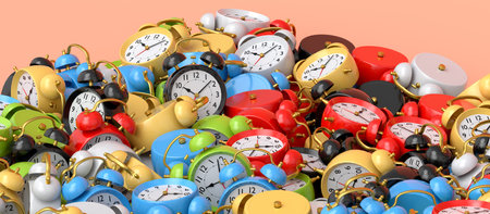 Pile of flying alarm clock on pink background. 3d render concept of wake up time morning and hurry...
