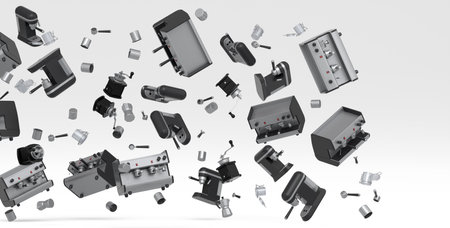 Many of flying espresso coffee machine with horn, cups, geyser coffee maker and grinder on white background. 3d render of coffee pot for making cappuccino, americano, espresso, mocha, latteの写真素材