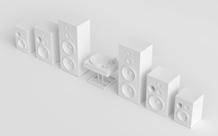 Set of Hi-fi speakers with loudspeakers and DJ turntable on monochrome background. 3d render audio equipment like boombox and vinyl record player for sound recording studioの写真素材
