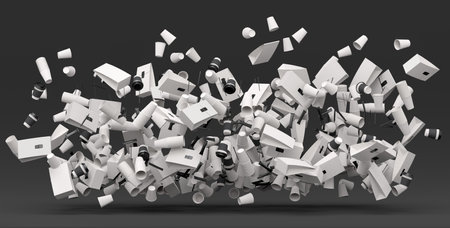 Many of flying of paper coffee cups for cappuccino, americano, espresso on black