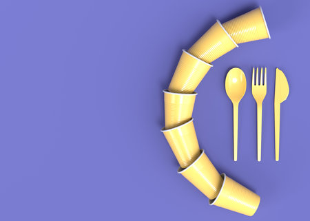 Set of disposable utensils like plate, folk, spoon,knife and cup on monochrome background. 3d render concept of save the earth and zero wasteの写真素材