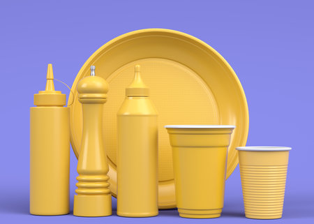 Set of disposable utensils like plate, folk, spoon,knife, cup and pepper and salt mill on monochrome background. 3d render concept of save the earth and zero wasteの写真素材