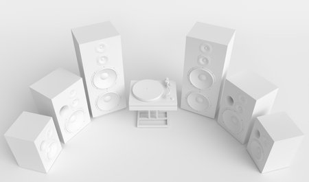 Set of Hi-fi speakers and DJ turntable for sound recording studio on monochromeの写真素材