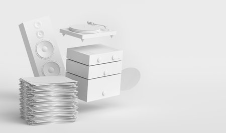 Set of Hi-fi speakers and DJ turntable with vinyl LP record on heap of coversの写真素材
