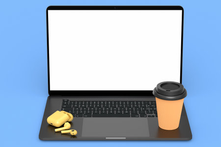 Paper coffee cup with cap with doughnuts and laptop on blue background. 3d render of concept takeaway food and drink in recycling packaging and donut, work place for freelanceの写真素材