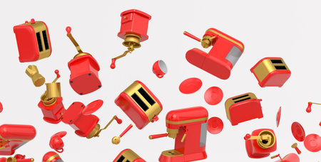 Many of flying espresso coffee machine with horn, cups, geyser coffee maker and grinder on white background. 3d render of coffee pot for making cappuccino, americano, espresso, mocha, latteの写真素材