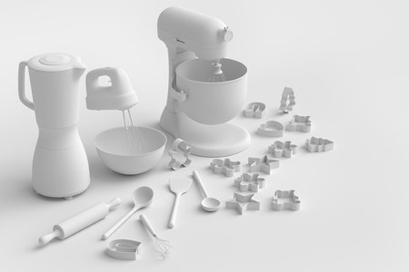 Mixer and metal bowl with kitchen utensil for preparation of dough on white background. 3d render cooking process step by step and accessories for cooking, blending and mixingの写真素材