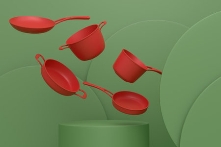 Abstract scene or podium with stewpot and frying pans on monochrome background. 3d render of scene for product presentation or showing product on stage, pedestal or platformの写真素材