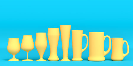 Set of yellow glasses of fresh draft beer on a green monochrome background. 3D render concept of drinking alcohol on holidays, Oktoberfest or St. Patrick's Dayの写真素材