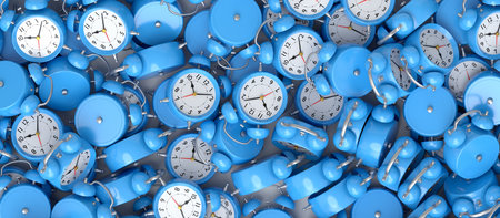 Pile of flying alarm clock on blue background. 3d render concept of wake up time morning and hurry...