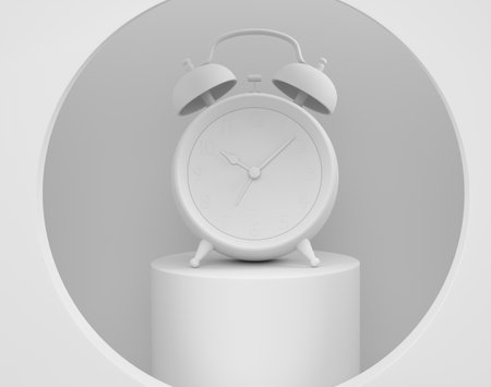 Abstract scene or podium for product showcase with alarm clock on monochrome background. 3d render of scene for product presentation product on stage, pedestal or platformの写真素材