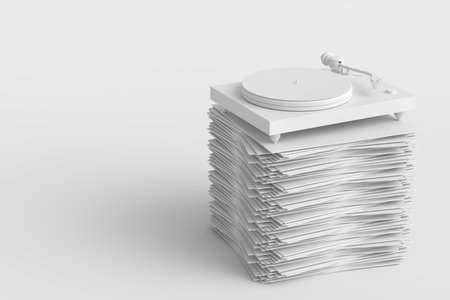 Set of Hi-fi speakers with loudspeakers and DJ turntable with vinyl LP record on heap on monochrome...