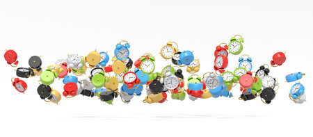 Many of flying alarm clock on white background. 3d render concept of wake up time morning and hurry...
