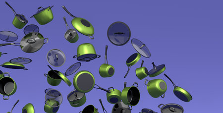 Many of flying frying pan with glass lid on violet background. 3d render of non-stick kitchen utensilsの写真素材