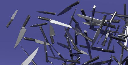 Many of flying chef's kitchen knives on violet background. 3d render of butcher knives or professional kitchen utensilsの写真素材