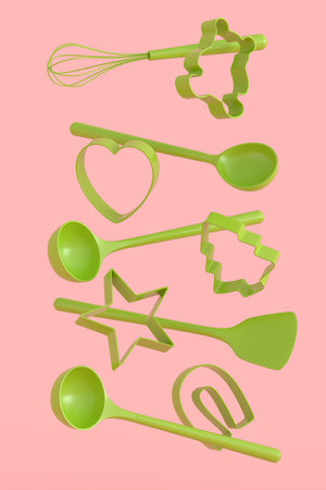 Set of metal cookie cutters and wooden kitchen utensils on monochrome background. 3d render of home kitchen tools and accessories for cookingの写真素材