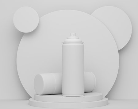 Abstract scene or podium with spray paint cans on monochrome background. 3d render of scene for product presentation carpenter tool for repair and building on stage or platformの写真素材