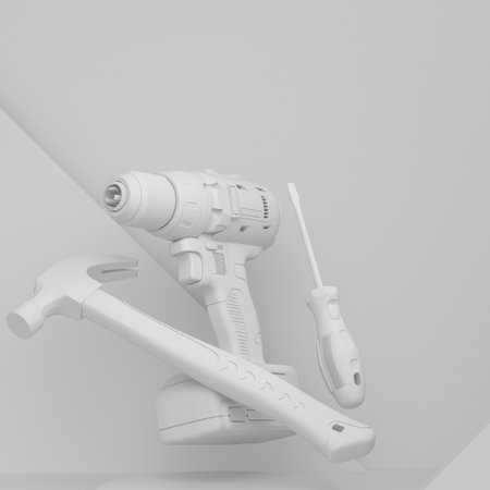 Abstract scene or podium with carpenters tools on monochrome background. 3d render of scene for...