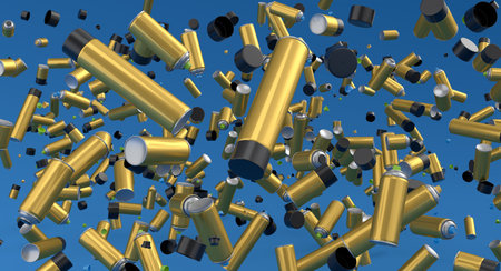 Lots of flying spray paint cans on blue background. 3d render spray paint bottle and dispenser Can of spray paint isolated on white background. 3d render spray paint bottle and dispenserの写真素材