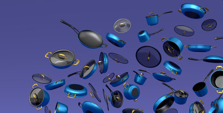 Many of flying frying pan with glass lid on violet background. 3d render of non-stick kitchen utensilsの写真素材