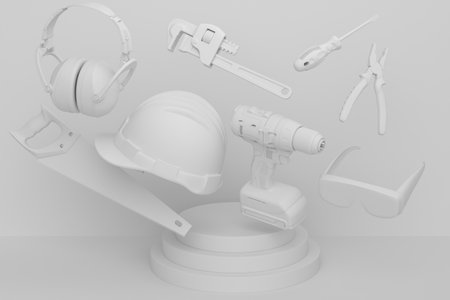 Abstract scene or podium with carpenters tools on monochrome background. 3d render of scene for product presentation carpenter tool for repair and building on stage, pedestal or platformの写真素材