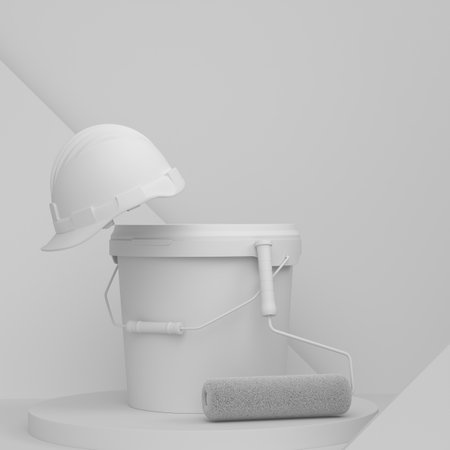 Abstract scene or podium with safety helmet, bucket with paint rollers on monochrome background. 3d render of scene for product presentation carpenter tool for repair on stage, pedestal or platformの写真素材
