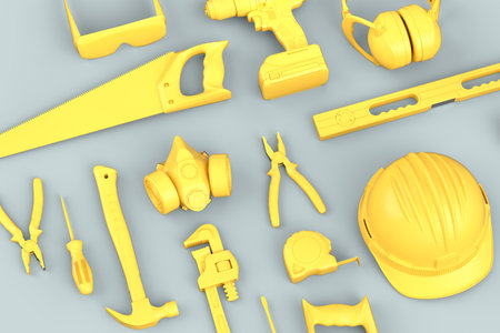 Top view of monochrome construction tools for repair and installation on grey background. 3d render and illustration of service banner for house plumber or repairmanの写真素材